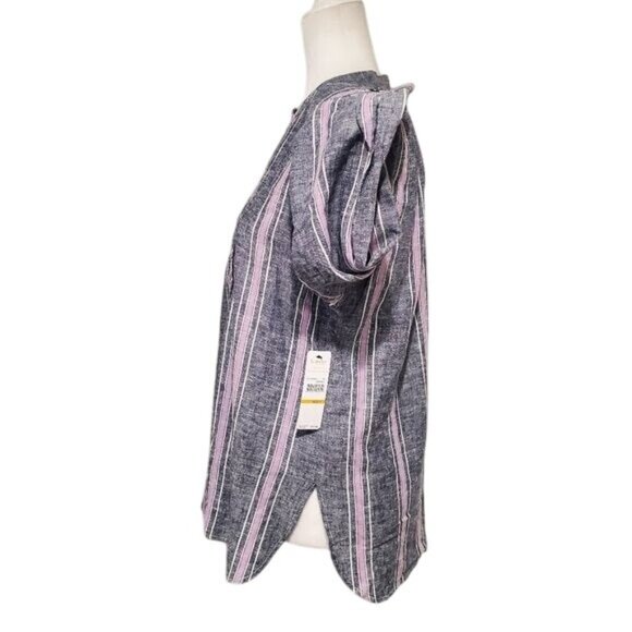 Laundry by shelli segal Linen Blouse Womens Small Blue Striped 3/4 Sleeve Top - Picture 5 of 11